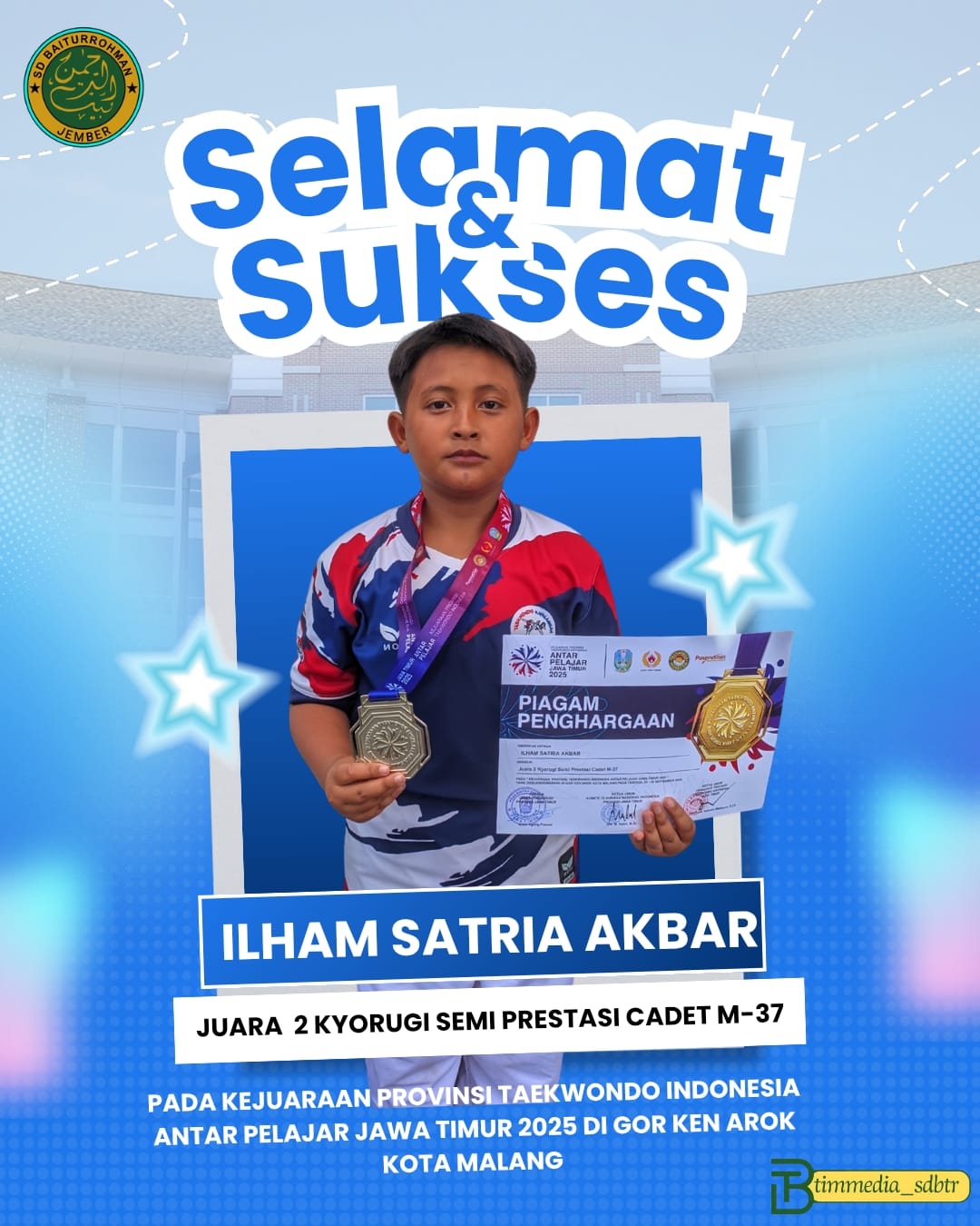 Ilham Satria Akbar – Juara 2 KYORUGI Semi Prestasi Cadet M-37 Kejuaraan Taekwondo Indonesia Antar Pelajar Jawa Timur