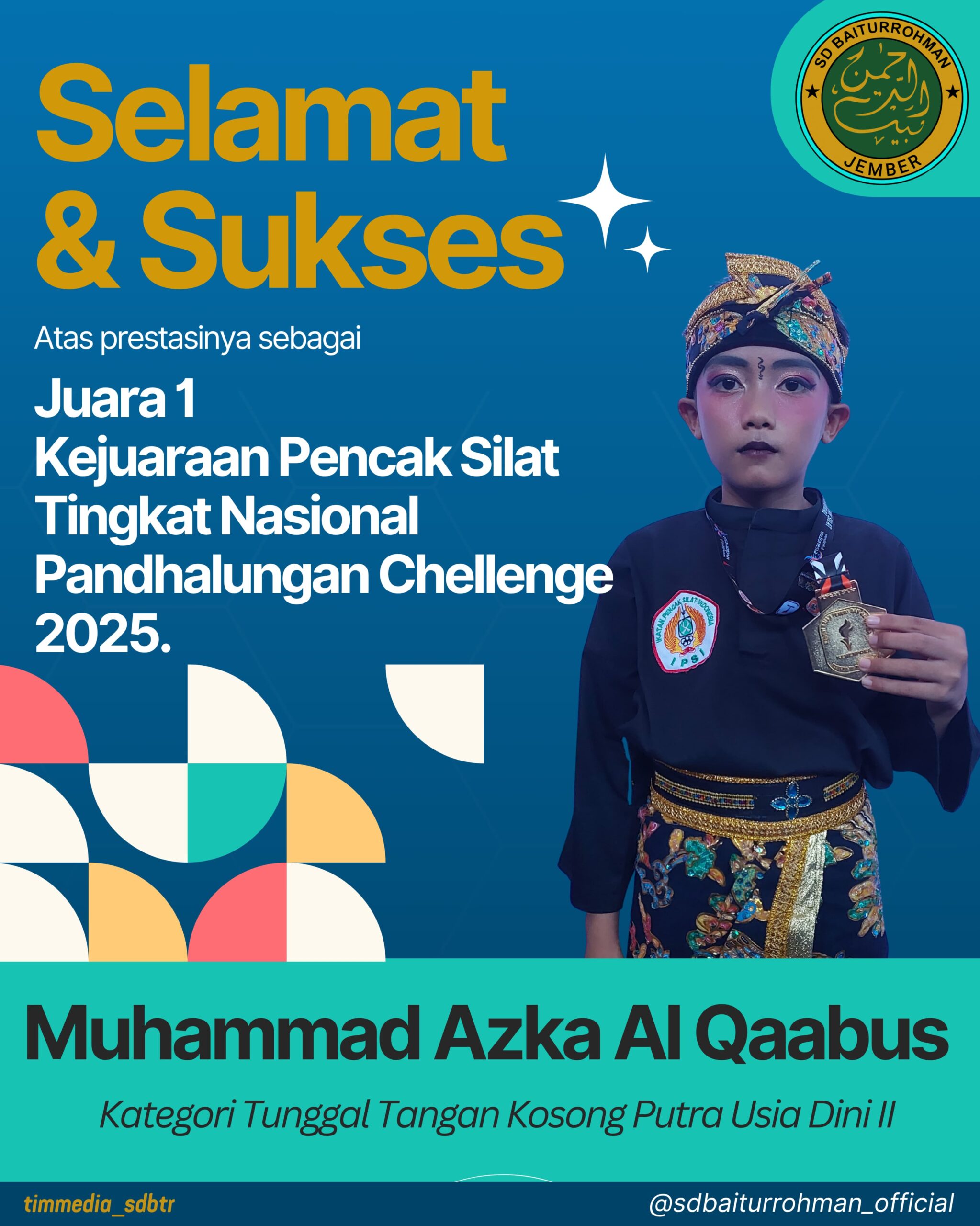 Muhammad Azka Al Qaabus – Juara 1 Kategori Tunggal Tangan Kosong Putra Usia Dini II Tingkat Nasional Pandalungan Challenge
