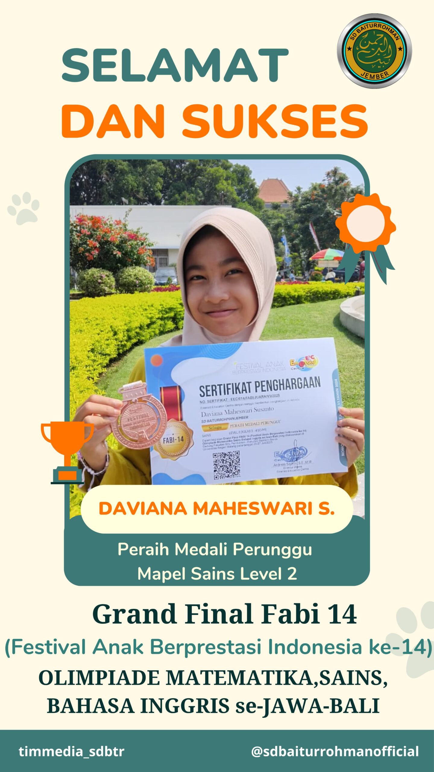 Daviana Maheswari S – Peraih Medali Perunggu SAINS Level 2 FABI 14